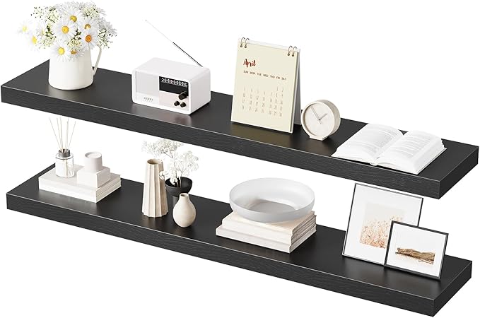 HOOBRO Floating Shelves for Wall, Wall Mounted Shelf Set of 2, 47.2" Hanging Shelf with Invisible Brackets, for Wall in Bathroom, Bedroom, Toilet, Kitchen, Living Room, Office, Black BK120BJP201-Ruum Studio Home