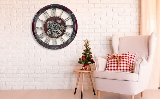 DORBOKER 24" Original Moving Gears Wall Clock, Large Industrial Wall Clock for Living Room Decor, Oversized Wood Vintage Farmhouse Steampunk Rustic Clocks for Wall Christmas Decor,Cherry Red-Ruum Studio Home