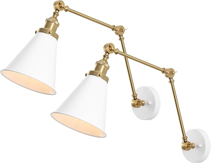 JONATHAN Y JYL7462B-SET2 Rover 7" Classic Industrial Metal Adjustable Arm LED Wall Sconce, White/Brass Gold (Set of 2) for Bedroom, Bathroom, Vanity-Ruum Studio Home