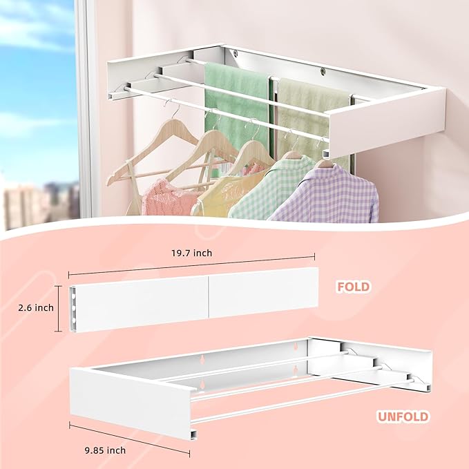 Wall Mounted Drying Rack for Laundry 19.8'', Folding Drying Rack Clothing Wall Mount with 3 Rods, Space Saving for Indoor Outdoor Bathroom Balcony (White, 19.8'')-Ruum Studio Home