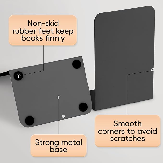 M&G Book Ends 1 Pair, Black Large Metal Bookends for Shelves, L-Type Book Stopper for Heavy Books, Non-Skid Bookstand for Office Home School Supplies-Ruum Studio Home