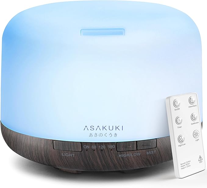 ASAKUKI 500ml Premium, Essential Oil Diffuser with Remote Control, 5 in 1 Ultrasonic Aromatherapy Fragrant Oil Humidifier Vaporizer, Timer and Auto-Off Switch Brown-Ruum Studio Home