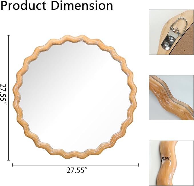 Wavy Mirror 27.5x27.5 Inch, Decorative Bathroom Mirror with Natural Wood Frame, Entry Way Mirrors for Wall, Shatterproof Glass, Mirrors for Wall Decor-Ruum Studio Home