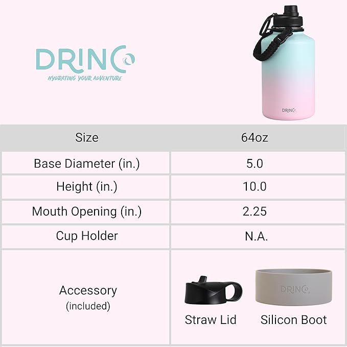 DRINCO Stainless Steel Water Bottle Spout Lid Vacuum Insulated Double Wall Water Bottle Wide Mouth (64oz 40oz 32oz 22oz 18oz 14oz) Leak Proof Keep Cold Sport Camping Hiking (64 oz, 64oz Macaron)-Ruum Studio Home