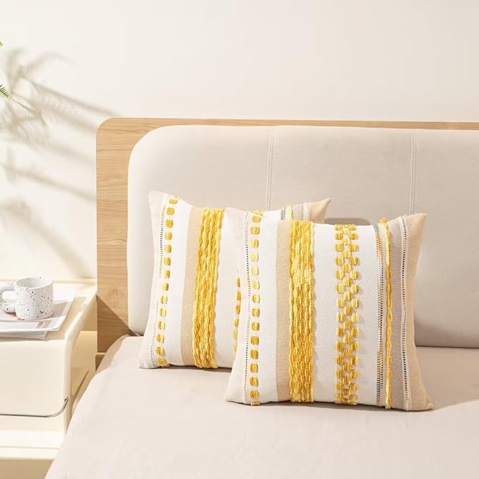 Boho Throw Pillow Covers 18x18 Set of 2 Farmhouse Decorative Cushion Case Striped Square Pillows Cover Chenille Pillow Cases Accent Neutral Pillowcase for Sofa Couch Bed,Yellow-Ruum Studio Home