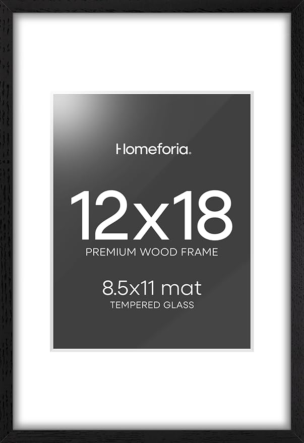 Homeforia 12x18 Frame Black Wood, High End Oak 12x18 Picture Frames with Mat 8.5x11 Photo, 12 x 18 Wooden Poster Frame Matted to 8.5 x 11 Print, 18x12 Hanging Frame, Tempered Glass, Wall Kit, Set of 1-Ruum Studio Home