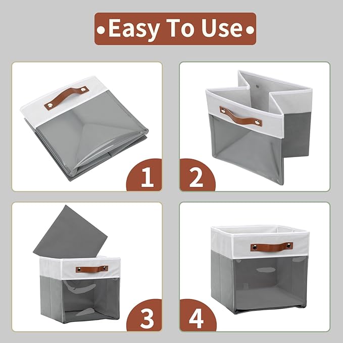 HNZIGE 11x11 Cube Storage Bins for Cube Organizer, Clear Fabric Storage Cubes for Storage Shelves, Collapsible Decorative Storage Bins for Clothes Closet Toys Cubby Storage Bin(White Gray 6 PCS-Ruum Studio Home