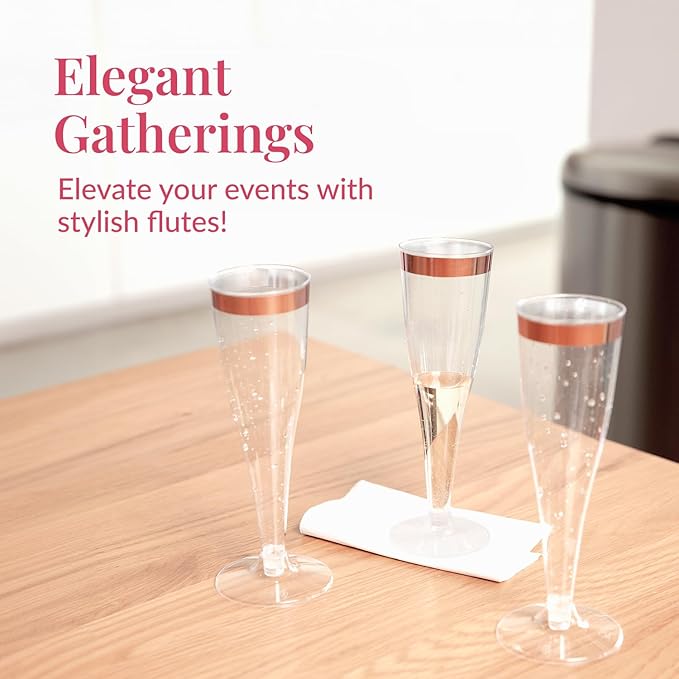 Prestee Set of 24 Plastic Champagne Flutes with Rose Gold Rim - 4.5 oz - Shatterproof Disposable Glasses - Elegant Design - Ideal for Weddings, Cocktail Parties, and Outdoor Celebrations-Ruum Studio Home
