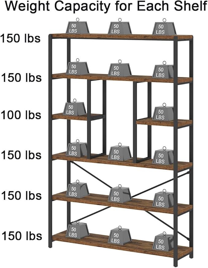 LVB Rustic Bookcases and Book Shelves, Metal Wood 6 Tier Bookshelf and Book Rack Storage, Industrial Vertical Display Etagere Book Case 6 Shelf, Vintage Large Book Shelf for Bedroom Living Room, Brown-Ruum Studio Home