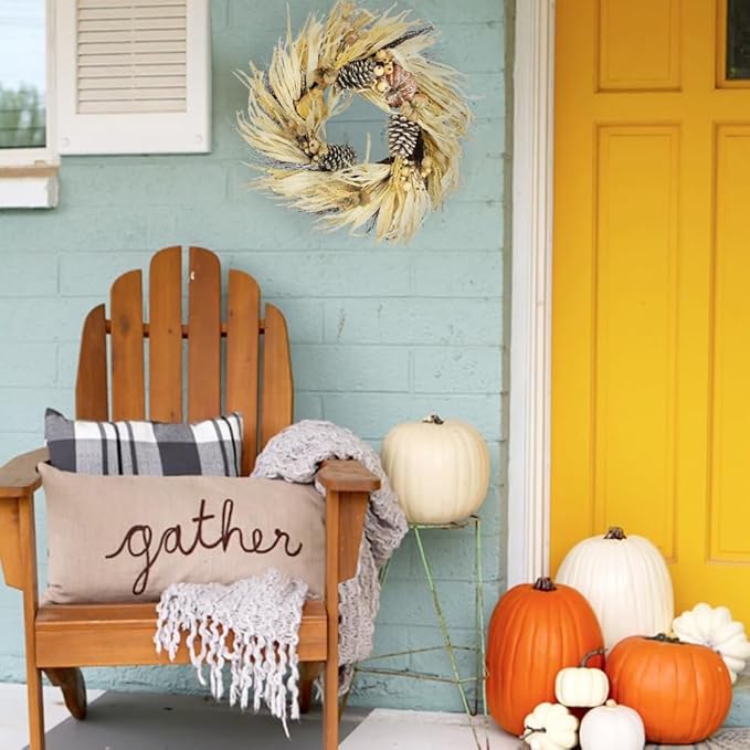 Admired By Nature Pumpkin Wheat Berry Corn Husk Wreath - 24" Artificial Hanging Wreath for Home Decor, Offices, Weddings, Events, Parties, Thanksgiving-Ruum Studio Home