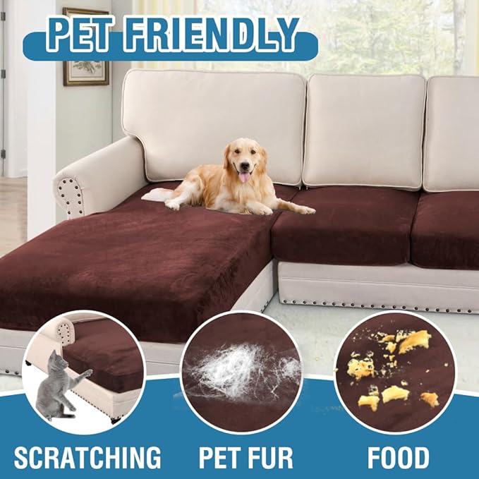 H.VERSAILTEX Velvet Stretch Sectional Couch Covers 3 Pieces Sofa Seat Cushion Covers L Shape Separate Cushion Couch Cover for Both Left/Right Sectional Couch (Large Sofa 2 Seater + 1 Chaise, Brown)-Ruum Studio Home