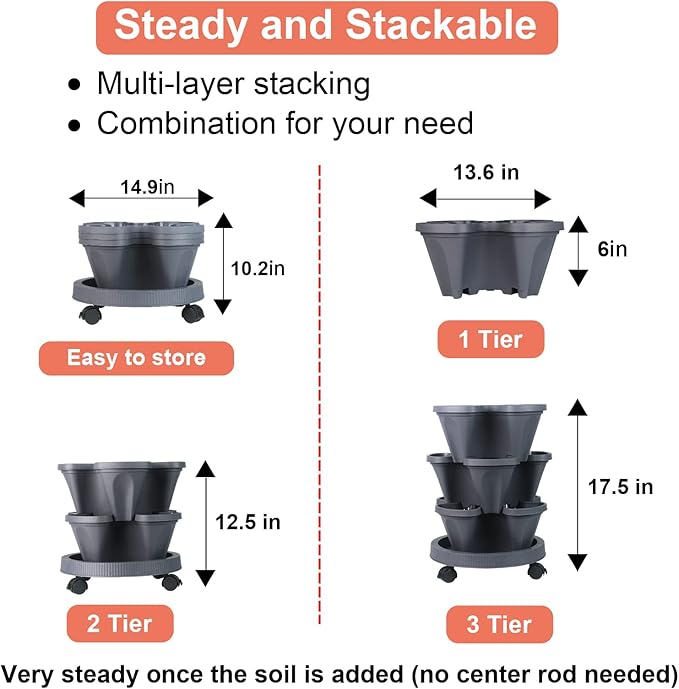 Vertical Planter 3 Tier Stackable Planters Garden Planters Strawberry Herb Flower and Vegetable Planter Indoor Outdoor Gardening Pots with Removable Wheels and Tools-Ruum Studio Home