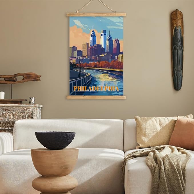 WREVERW Vintage Philadelphia Poster Canvas Print with Wooden Hanger Frame, Featuring Skyline and Schuylkill River, Wall Art for Home and Office Decor, 16x23 inches-Ruum Studio Home
