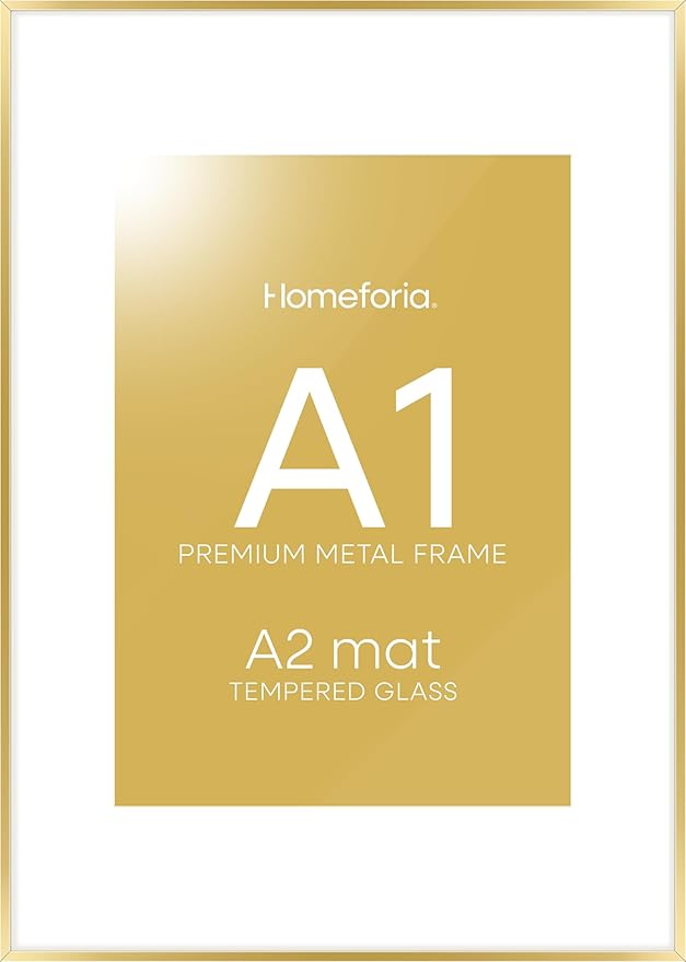 Homeforia A1 Poster Frame Gold, High End Metal 23.4 x 33.1 inches Large Picture Frames with Mat 16.5 x 23.4 for Photo, A1 Size Frames Matted to A2 Print, 23.4x33.1 Thin Frame, Tempered Glass, Set of 1-Ruum Studio Home
