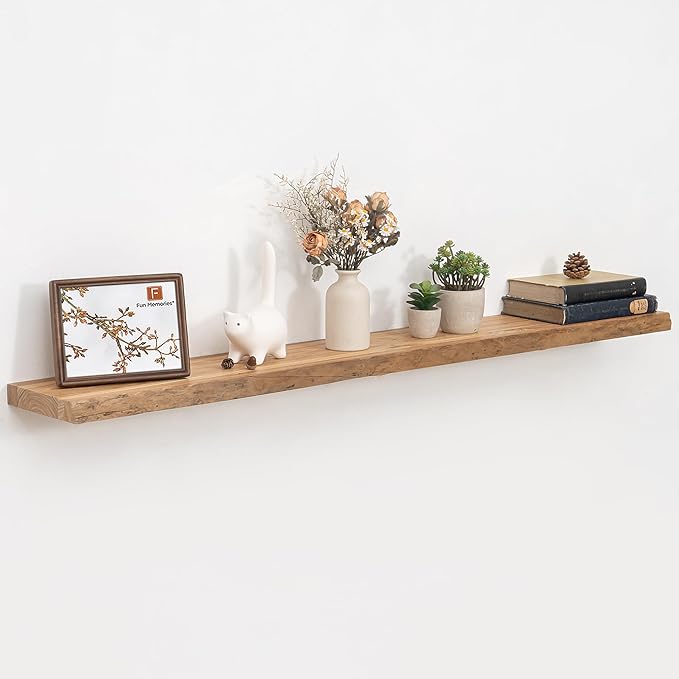 55 Inch Floating Shelves, Rustic Live Edge Elm Wood Shelves for Wall, Heavy-Duty Long Floating Shelf with Invisible Bracket, Wall Mounted Storage Shelves for Books, Bathroom, Kitchen, Natural Finish-Ruum Studio Home