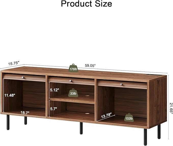 59 Inch TV Stand with Power Outlet for TVs up to 65 Inch, Entertainment Center with Storage, Mid-Century Modern TV Console, Adjustable Shelf & Sliding Doors, TV Stand for Living Room, Bedroom, Walnut-Ruum Studio Home