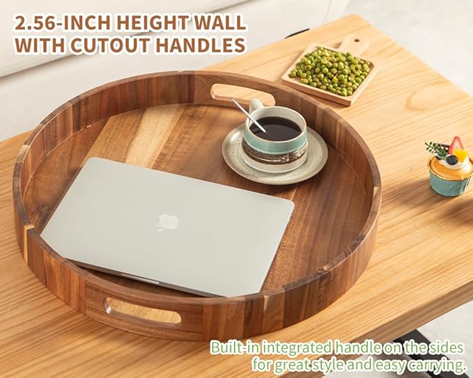 Extra Large Round Ottoman Coffee Table Tray, 22" Big Kitchen Serving Trays for Huge Ottoman Counter Giant Decorative Organizer, Huge Wood Serveware Tray with Built-in Handle for Big Job-Ruum Studio Home