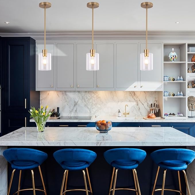 Brass Pendant Lights Kitchen Island - Gold Clear Glass Pendant Light Fixture Multiple Stems Rods 3 Units 12 Inch 3 Units 4 Inch (3 Pack Brass)-Ruum Studio Home