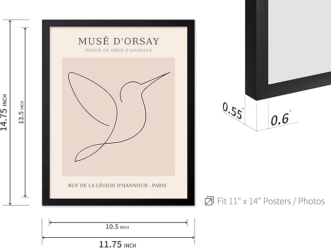 Poster Master Vintage Poster - Retro One Line Hummingbird Drawing Print - Bird Line Art - Minimal Gift for Him, Her, Animal Lover - Abstract Decor for Home, Office, 11x14 Black Framed-Ruum Studio Home