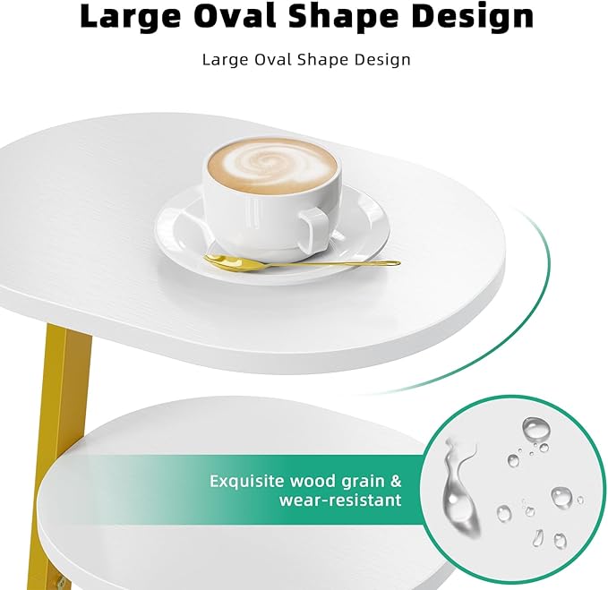 Side Table, Small End Table with Metal Frame, 3-Tier Bedside Tables, Round Side Tables for Living Room Bedroom Couch Bathroom, Oval, White-Ruum Studio Home