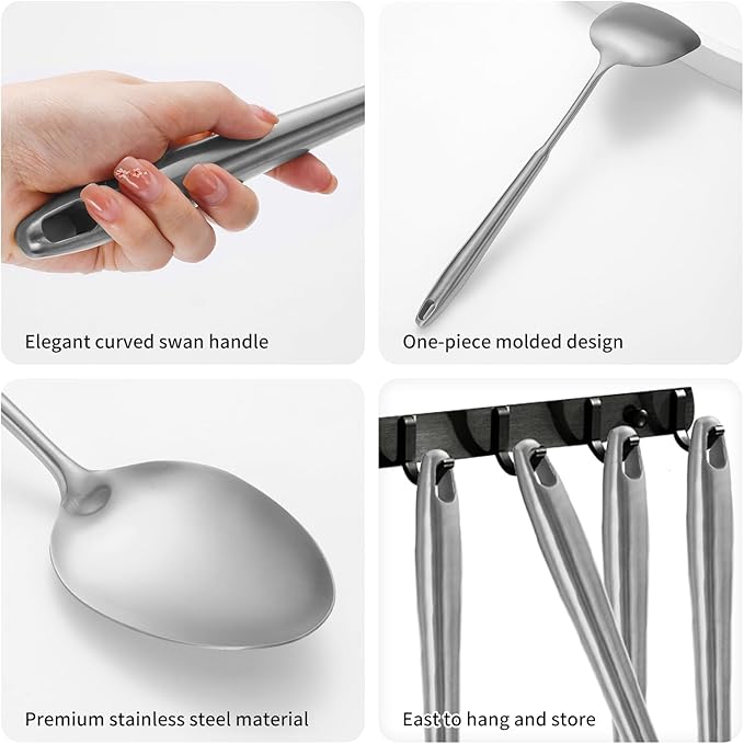 304 Stainlss Steel Kitchen Utensils Set, 12 Pcs Long Metal Cooking Utensil Gadgets Tools Set with Spatula, Ladle, Spoon, Ladle, Skimmer, Tunner, Pasta Server, Tongs(Silver, Dishwasher Safe)-Ruum Studio Home