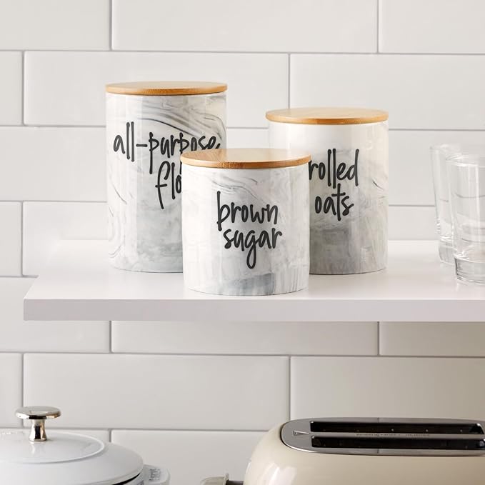 Farmlyn Creek Sugar & Coffee Container Set 3-Piece - White Marble Finish Ceramic Jar Set - Airtight Wood Lids - Ceramic Containers with Lids for Countertop Storage (5.9"/4.9"/3.9)-Ruum Studio Home