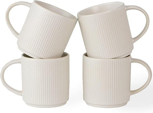 famiware Coffee Mug Set for 4, Star 12 oz Catering Mugs Cup Set with Handle for Coffee, Tea, Cocoa, Milk - Ceramic Stoneware Drinkware Set, Matte White-Ruum Studio Home