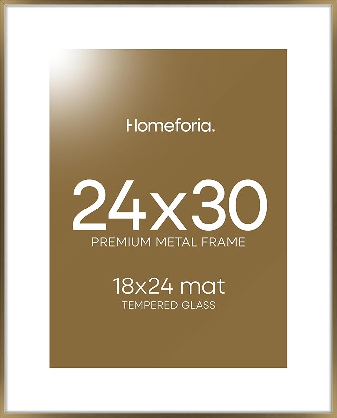 Homeforia Bronze 24x30 Picture Frame, High End Metal Poster Frame with Mat 18x24, Tempered Glass, Wall Hook Included-Ruum Studio Home
