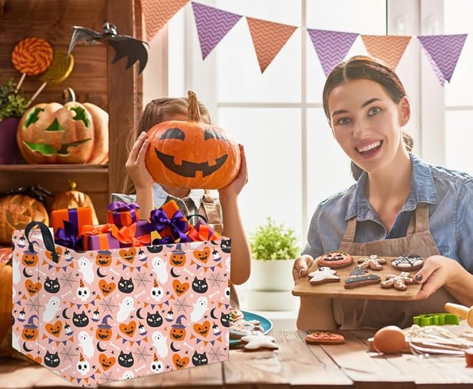 HIYAGON Rectangular Halloween Basket for Boys and Girls Kids Trick or Treat Pumpkin Basket for Halloween Parties Cute Storage Bin Organizer Box Room Decor(Pink Halloween)-Ruum Studio Home