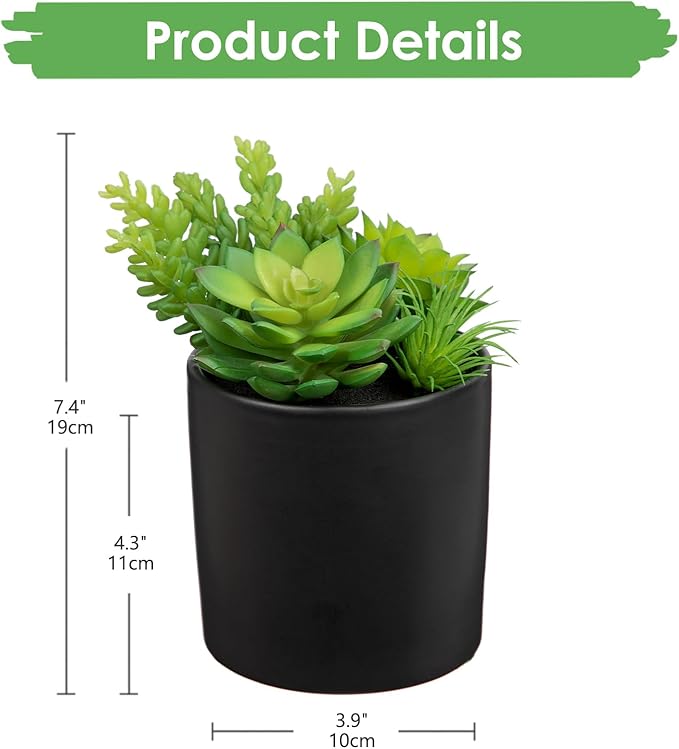 Artificial Succulents in Pots Faux Succulents Plants Fake Succulent Arrangement Potted Plants with Black Ceramic Vase for Office Desk Bathroom Shelf Living Room Indoor Home Decor-Ruum Studio Home