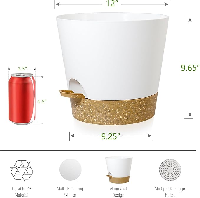 Self Watering Pots for Indoor Plants,12 inch Planters with Drainage Holes Plastic Flower Pots with Deep Reservoir, White with Brown-Ruum Studio Home