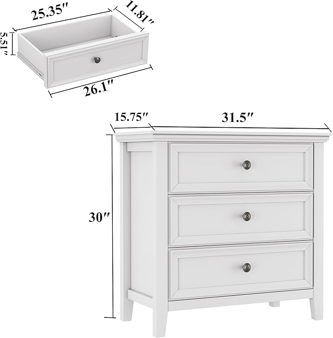 BLANKSPACE White Dresser, 3 Chest Drawer Dresser for Bedroom, Large Capacity Nightstand, Modern Wood Cabinet for Bedroom, Living Room, Closets-Ruum Studio Home
