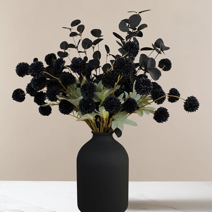 RyddeligHome Black Artificial Flowers for Centerpieces Bulk 10 Long Stems /50 Small Faux Silk Mum Balls + Black Eucalyptus Stems 2 Branches, Fall Boho Halloween Home Decor Indoor, Gothic Flowers-Ruum Studio Home