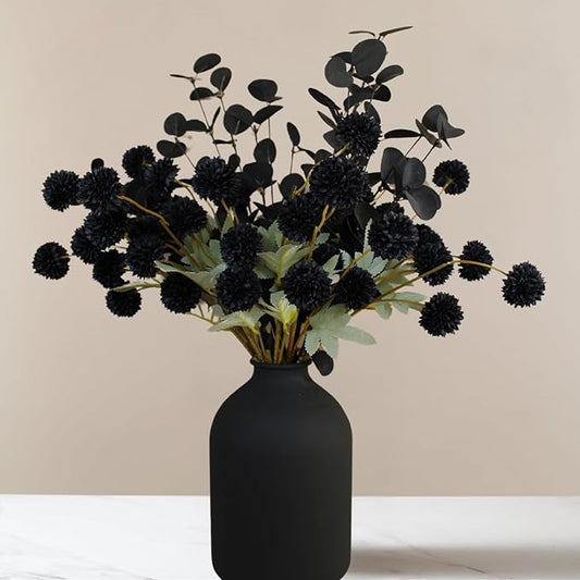 RyddeligHome Black Artificial Flowers for Centerpieces Bulk 10 Long Stems /50 Small Faux Silk Mum Balls + Black Eucalyptus Stems 2 Branches, Fall Boho Halloween Home Decor Indoor, Gothic Flowers-Ruum Studio Home