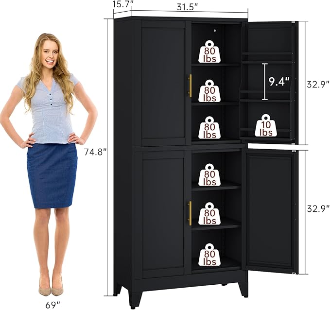 75" H Metal Storage Cabinet, Pantry with 6 Door Shelves and 4 Adjustable Shelves, Leveling Foot for Kitchen, Living Room and Dinning Room, Black-Ruum Studio Home