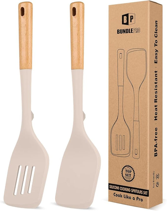 Pack of 2 Large Silicone Spatula, Heat Resistant Solid Turner, Non Stick Slotted Spatulas with Wooden Handle, Ideal Kitchen Utensils for Flipping, Pancakes, Eggs, Fish(KHAKI)-Ruum Studio Home