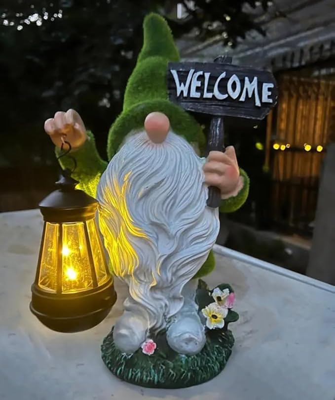 Solar Gnome Outdoor Garden Fall with Solar Lantern - 11’’Halloween Autumn Welcome Gnomes Decorations for Yard Patio (Green & White)-Ruum Studio Home