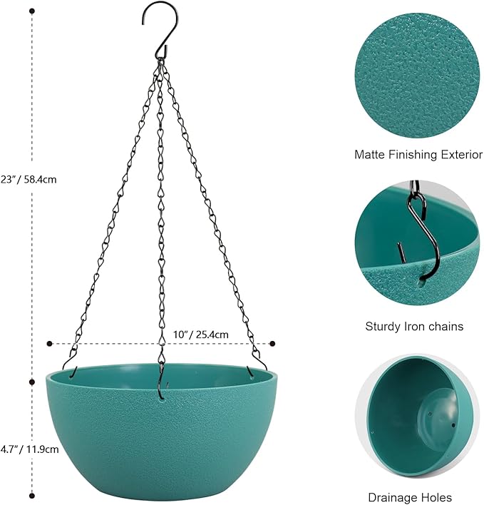10 inch Hanging Planters for Indoor Outdoor Plants, 2 Pack Hanging Flower Pots with Drainage Holes and Chain for Garden Porch, Plastic Hanging Baskets for House Plants, Blue Green-Ruum Studio Home