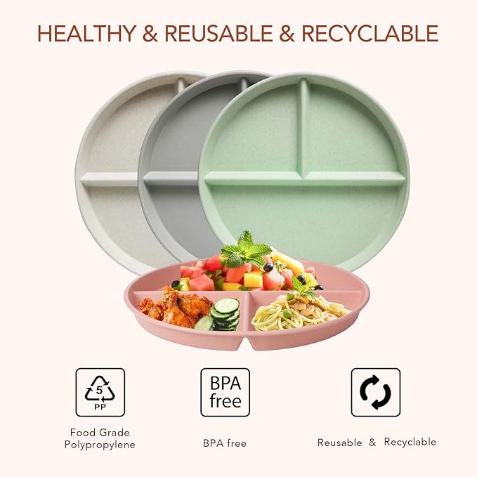 greenandlife 9 Inch (4PCS) Unbreakable Divided Plates for Kids Adults, Dishwasher & Microwave Safe Compartment Plate, Lightweight Reusable Plastic Portion Control Plates, BPA Free and Healthy-Ruum Studio Home