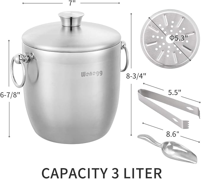 Ice Bucket with Lid, Scoop, Tongs and Strainer - Well Made Insulated Stainless Steel Keep Ice Frozen Longer - Ideal for Cocktail Bar, Parties, Chilling Wine, Champagne - 3 Liter (Stainless Steel)-Ruum Studio Home