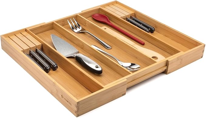Purawood Kitchen Drawer Organizer with Knife Blocks - Utensil Drawer Organizer for Kitchen, Cutlery Tray & Silverware Organizer, 3-5 Slots - Bamboo Organizer for Utensils & Flatware (Natural)-Ruum Studio Home