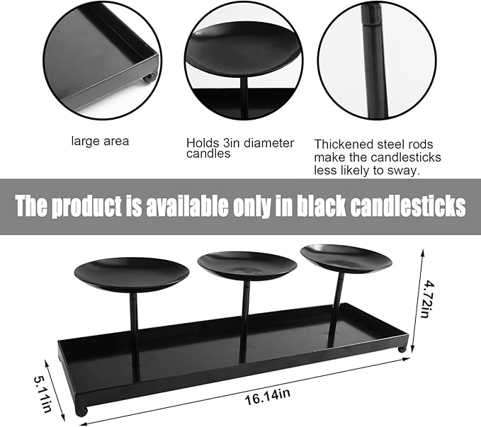 3 Pillar Black Metal Candle Holders for Table Centerpiece, Fall Thanksgiving & Halloween Dining Table, Fireplace Mantel Decor, Tray Candlestick for Living Room Rustic Decorations-Ruum Studio Home
