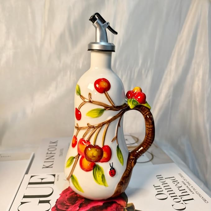 18 Oz Hand Painted Relief Ceramic Olive Oil Bottle Dispenser for Kitchen, Oil and Vinegar Bottle, Seasoning Bottle with Stainless Steel Nozzle, 540mL Oil Container with Handle for Cooking, Light Proof-Ruum Studio Home