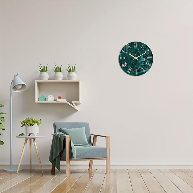 Teal Wall Clock Battery Operated 14 Inch Modern Abstract Clocks for Living Room Decor Marble Pattern Glass Analog Wall Clock Silent-Ruum Studio Home