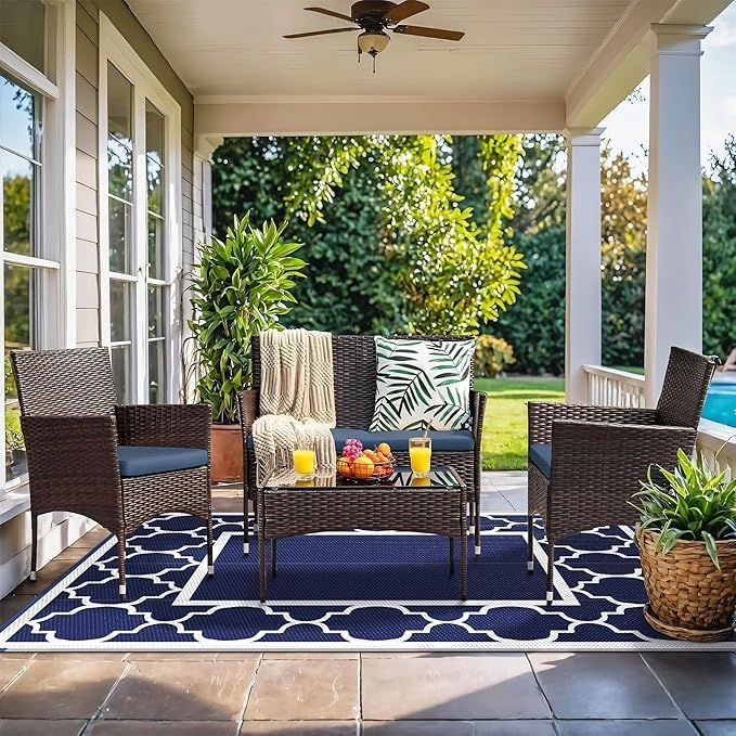 GENIMO Outdoor Rug Waterproof for Patio Decor, 8'x10' Reversible Plastic Straw Rug Carpet, Camping Mats for Outdoor, RV, Backyard, Deck, Balcony, Picnic, Blue & White-Ruum Studio Home