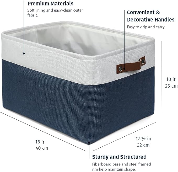 OrganiHaus Extra Large Fabric Storage Bins for Shelves 16x13in, Closet Storage Baskets for Shelf Organizing, Canvas Rectangle Bins for Organization, Linnen Baskets for Organizing - Navy Blue/White-Ruum Studio Home