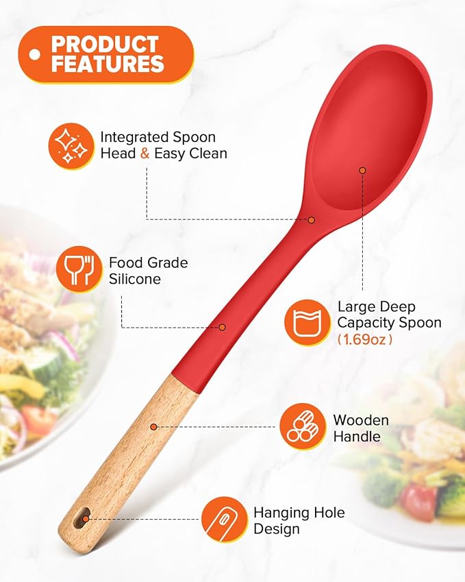 Silicone Cooking Spoons, Great for Scooping Sides and Serving Hearty Stews, BPA-Free Matte Silicone, Wooden Handle Serving Spoon for Nonstick Cooking Surfaces (Red)-Ruum Studio Home