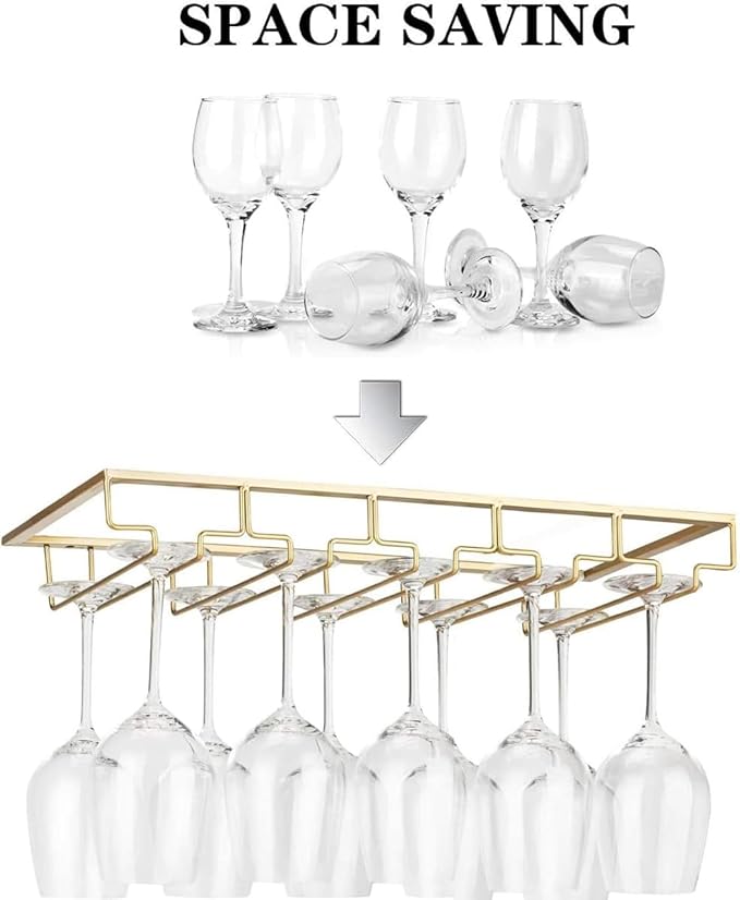 Wine Glass Rack - Under Cabinet Stemware Wine Glass Holder Glasses Storage Hanger 2 Pack Metal Organizer for Bar Kitchen 5 Rows Gold-Ruum Studio Home
