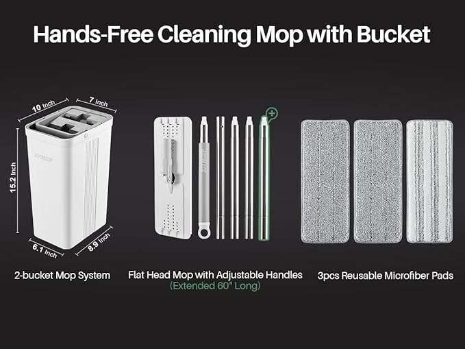 JOYMOOP Mop and Bucket with Wringer Set, White Flat Squeeze Bucket Set for Floor Cleaning, Wet Dry Wall Cleaner with Long Handle, Hardwood Floor Mop-3 Microfiber Cloths-Ruum Studio Home