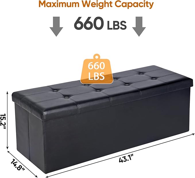 SUPER DEAL 43 Inch Folding Storage Ottoman Bench, Faux Leather Storage Chest Shoes Bench with Divider Padded Seat Couch Footrest for Bedroom Entryway, 660 lbs Capacity 43"x 15"x 15", Black-Ruum Studio Home